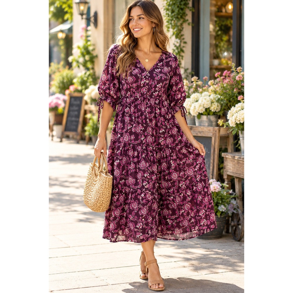 Terra & Sky Tie Sleeve Midi Dress Womens 3X 24W-26W Dark Wine Paisley New
